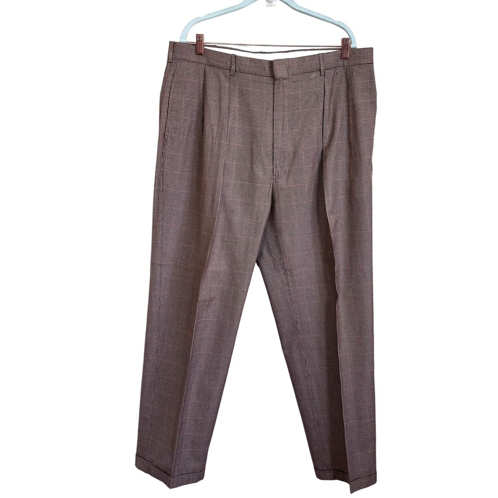 Vintage Polo Ralph Lauren Mens Houndstooth Pants Brown Baggy Pleated Cuff 38X31